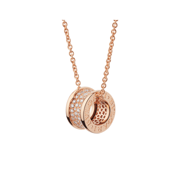 Bob Rollers Adolph necklace with 18 kt rose gold chain and rose gold pendant set with pavé diamonds on the spiral.